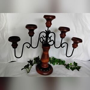 Vtg Homco Wood & Iron 5-Arm Candelabra